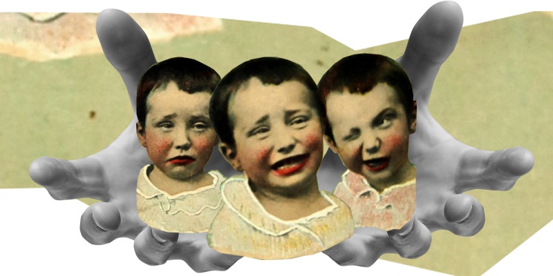Изображение: Иллюстрация Светланы Гатальской / Коллаж. На белом фоне - неровно вырезанная, выцветшая  свето-зеленая полоса,слева виден розовый фрагмент  узора. Из центра к читающим протянуты черно-белые ладони,  на них - три старых детских фотографии  ребенка с разными выражениями: смехом, грустью, подмигиванием.  Губы и щеки ребенка раскрашены красным.