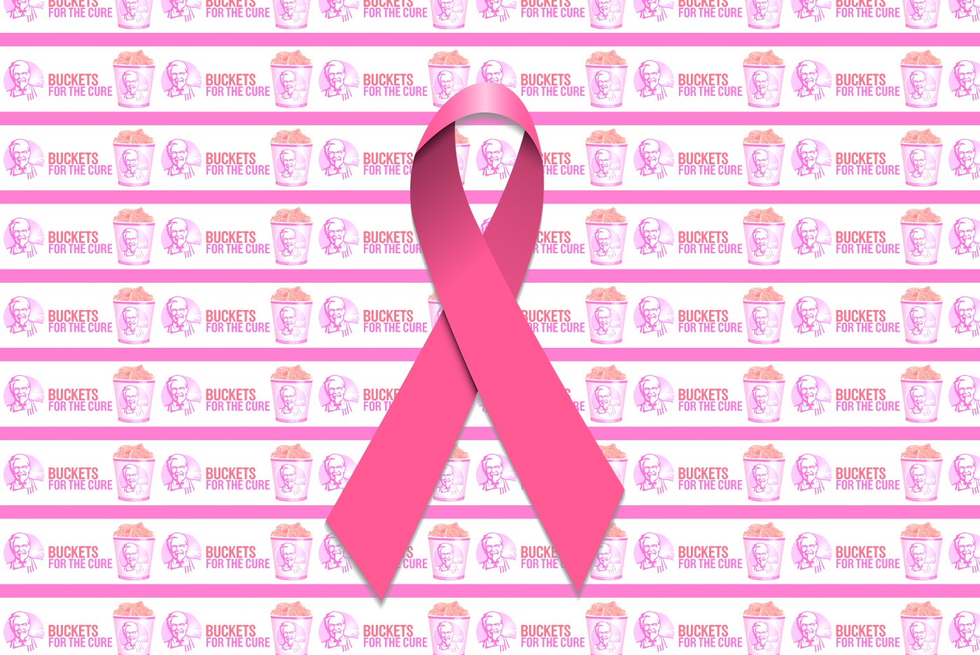 Изображение: Мила Ведрова / На фоне розового логотипа KFC — розовая ленточка, международный символ борьбы против рака груди.